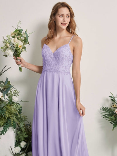 Carlyna Robe trapèze Col V Bretelles spaghetti Longueur ras du sol Demoiselle d'honneur Lilas #couleur_lilas