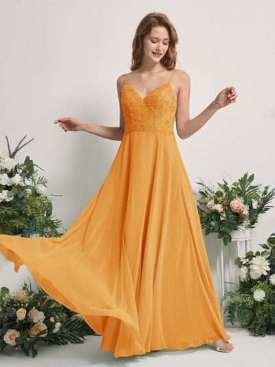 Carlyna Robe trapèze Col V Bretelles spaghetti Longueur ras du sol Demoiselle d'honneur Mangue #couleur_mangue
