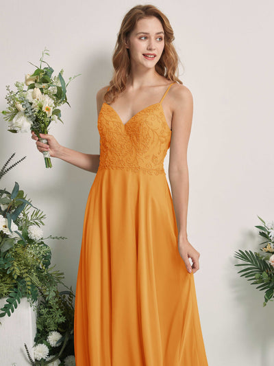 Carlyna Robe trapèze Col V Bretelles spaghetti Longueur ras du sol Demoiselle d'honneur Mangue #couleur_mangue