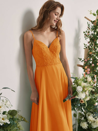 Carlyna Robe trapèze Col V Bretelles spaghetti Longueur ras du sol Demoiselle d'honneur Mangue #couleur_mangue