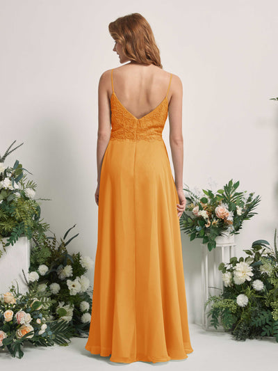Carlyna Robe trapèze Col V Bretelles spaghetti Longueur ras du sol Demoiselle d'honneur Mangue #couleur_mangue