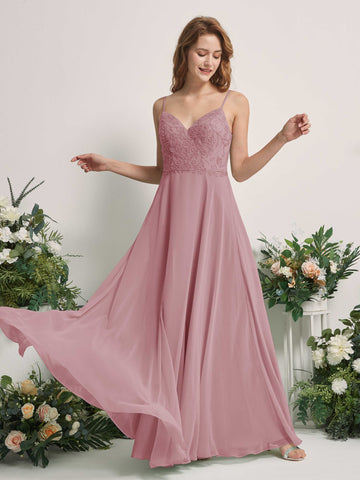 Carlyna Robe trapèze Col V Bretelles spaghetti Longueur ras du sol Demoiselle d'honneur Mauve Vintage #couleur_mauve-vintage