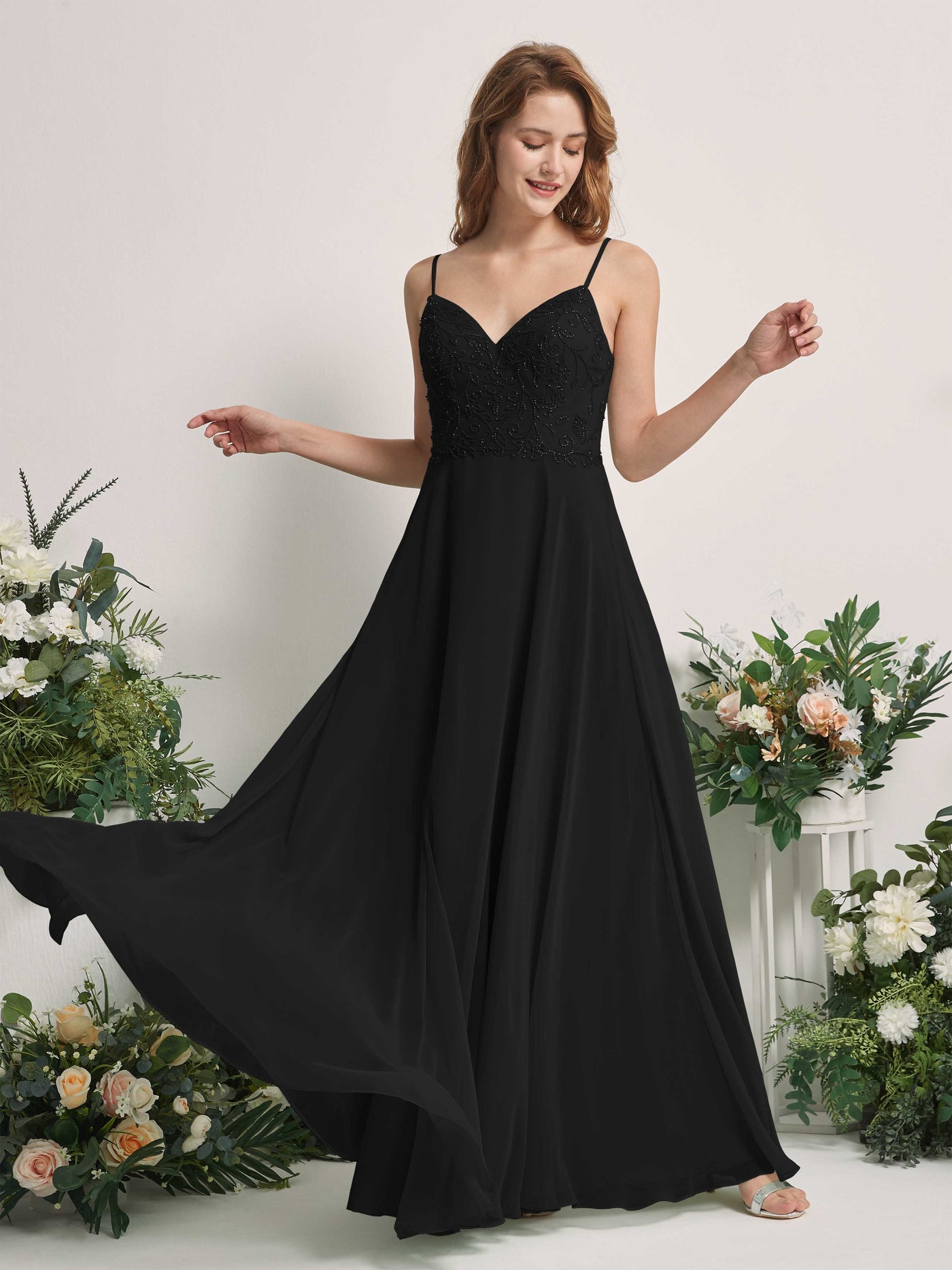 Carlyna Robe trapèze Col V Bretelles spaghetti Longueur ras du sol Demoiselle d'honneur Noir #couleur_noir