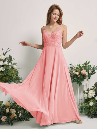 Carlyna Robe trapèze Col V Bretelles spaghetti Longueur ras du sol Demoiselle d'honneur Rose Ballet #couleur_rose-ballet