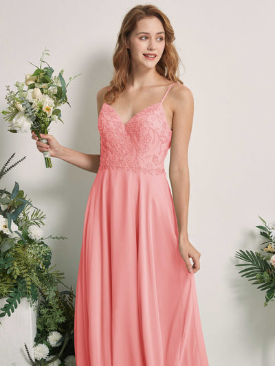 Carlyna Robe trapèze Col V Bretelles spaghetti Longueur ras du sol Demoiselle d'honneur Rose Ballet #couleur_rose-ballet