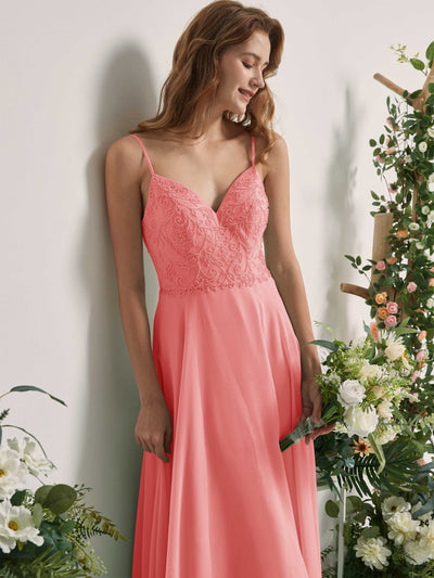 Carlyna Robe trapèze Col V Bretelles spaghetti Longueur ras du sol Demoiselle d'honneur Rose Ballet #couleur_rose-ballet