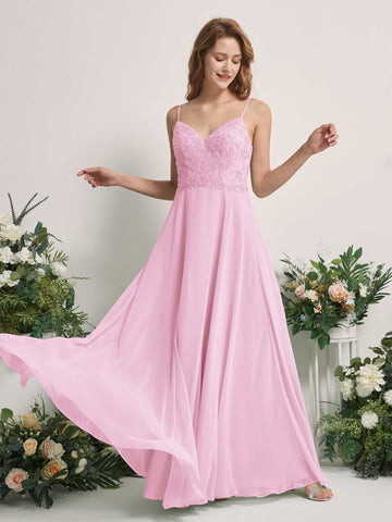 Carlyna Robe trapèze Col V Bretelles spaghetti Longueur ras du sol Demoiselle d'honneur Rose Bonbon #couleur_rose-bonbon
