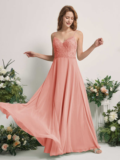 Carlyna Robe trapèze Col V Bretelles spaghetti Longueur ras du sol Demoiselle d'honneur Rose Champagne #couleur_rose-champagne