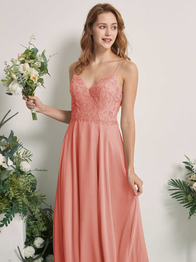 Carlyna Robe trapèze Col V Bretelles spaghetti Longueur ras du sol Demoiselle d'honneur Rose Champagne #couleur_rose-champagne