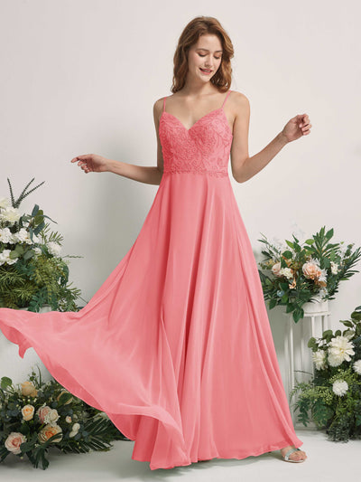 Carlyna Robe trapèze Col V Bretelles spaghetti Longueur ras du sol Demoiselle d'honneur Rose Corail #couleur_rose-corail