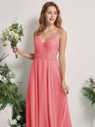 Carlyna Robe trapèze Col V Bretelles spaghetti Longueur ras du sol Demoiselle d'honneur Rose Corail #couleur_rose-corail