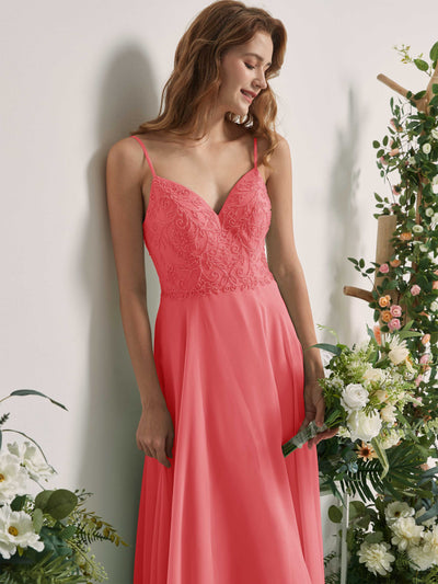 Carlyna Robe trapèze Col V Bretelles spaghetti Longueur ras du sol Demoiselle d'honneur Rose Corail #couleur_rose-corail