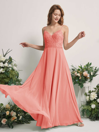 Carlyna Robe trapèze Col V Bretelles spaghetti Longueur ras du sol Demoiselle d'honneur Rose Pêche #couleur_rose-p-che