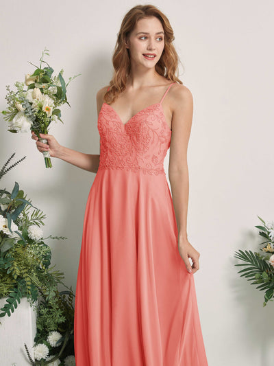 Carlyna Robe trapèze Col V Bretelles spaghetti Longueur ras du sol Demoiselle d'honneur Rose Pêche #couleur_rose-p-che