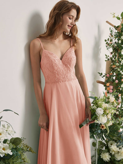 Carlyna Robe trapèze Col V Bretelles spaghetti Longueur ras du sol Demoiselle d'honneur Rose Perle #couleur_rose-perle