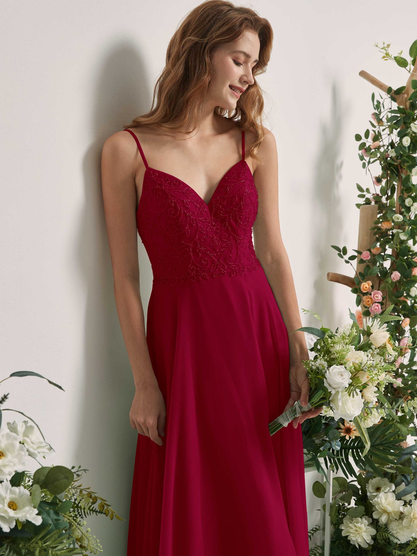 Carlyna Robe trapèze Col V Bretelles spaghetti Longueur ras du sol Demoiselle d'honneur Rouge Bouffon #couleur_rouge-bouffon
