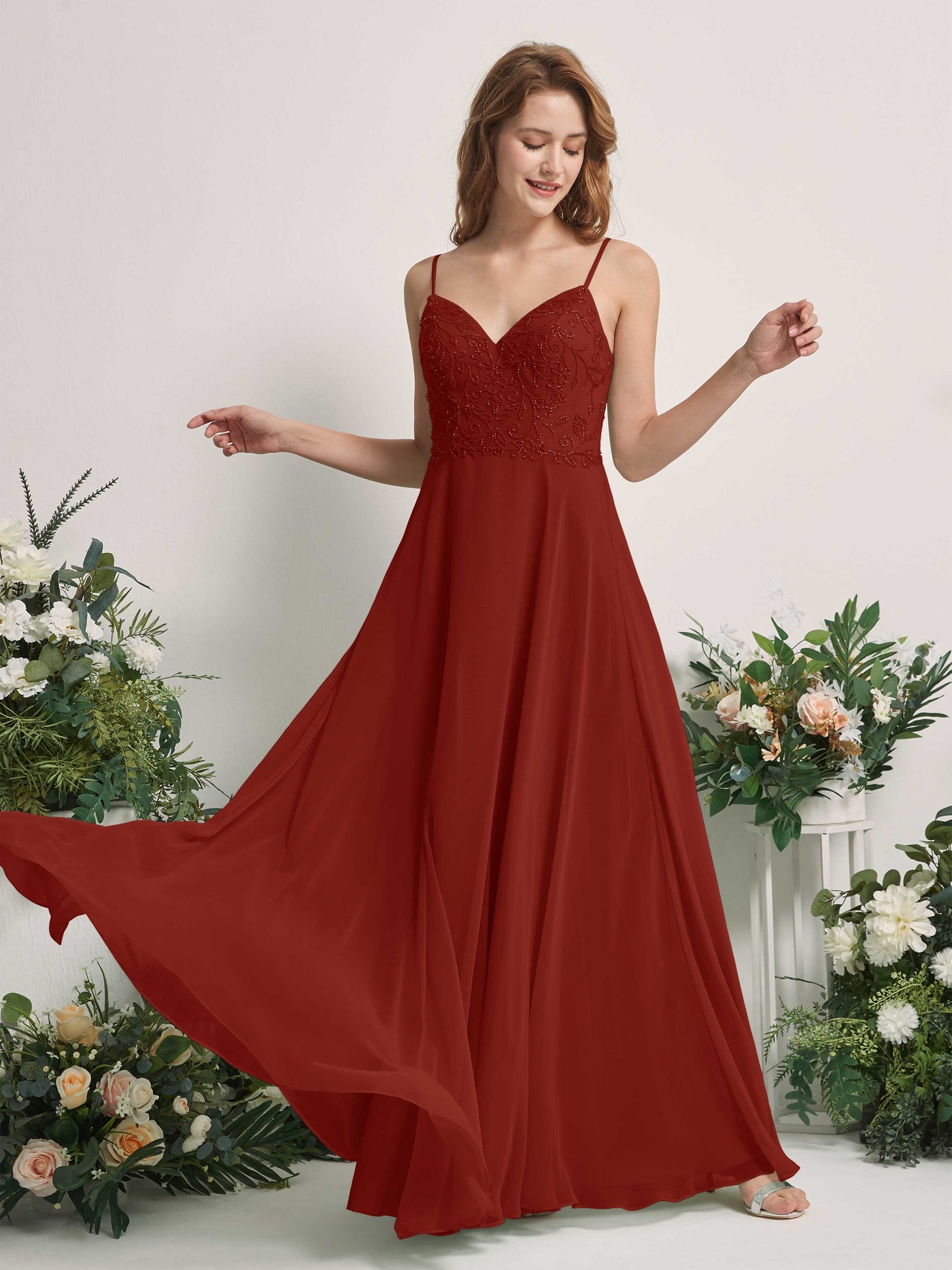 Carlyna Robe trapèze Col V Bretelles spaghetti Longueur ras du sol Demoiselle d'honneur Rouille #couleur_rouille