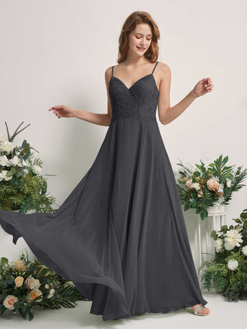 Carlyna Robe trapèze Col V Bretelles spaghetti Longueur ras du sol Demoiselle d'honneur Étain #couleur_tain