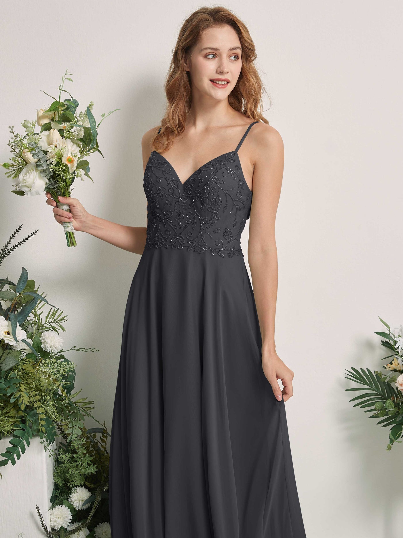Carlyna Robe trapèze Col V Bretelles spaghetti Longueur ras du sol Demoiselle d'honneur Étain #couleur_tain