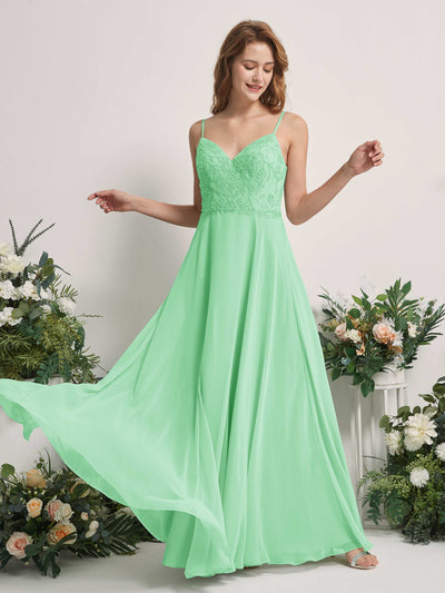 Carlyna Robe trapèze Col V Bretelles spaghetti Longueur ras du sol Demoiselle d'honneur Vert Menthe #couleur_vert-menthe