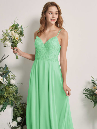 Carlyna Robe trapèze Col V Bretelles spaghetti Longueur ras du sol Demoiselle d'honneur Vert Menthe #couleur_vert-menthe