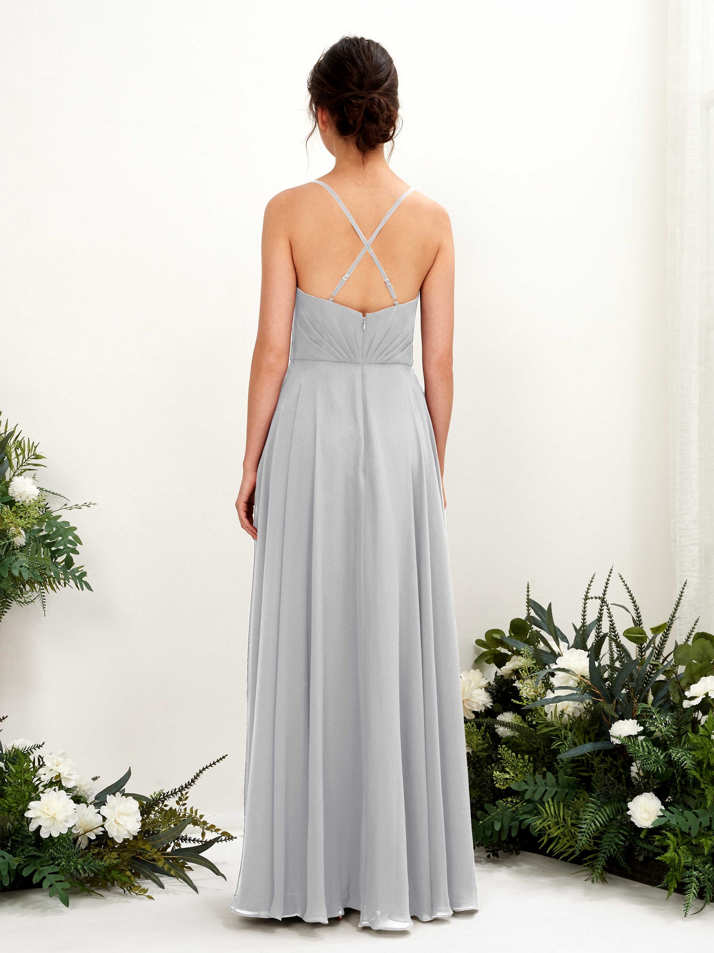 Carlyna Robe trapèze col V bretelles spaghetti longueur ras du sol robe de demoiselle d'honneur Argent #couleur_argent