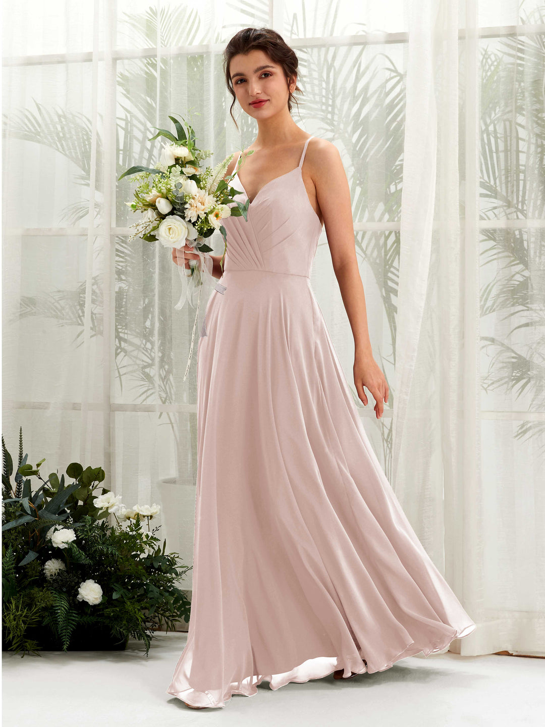 Carlyna Robe trapèze col V bretelles spaghetti longueur ras du sol robe de demoiselle d&