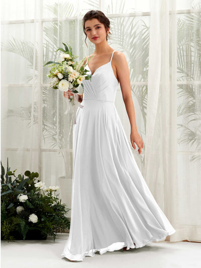 Carlyna Robe trapèze col V bretelles spaghetti longueur ras du sol robe de demoiselle d'honneur Blanc #couleur_blanc