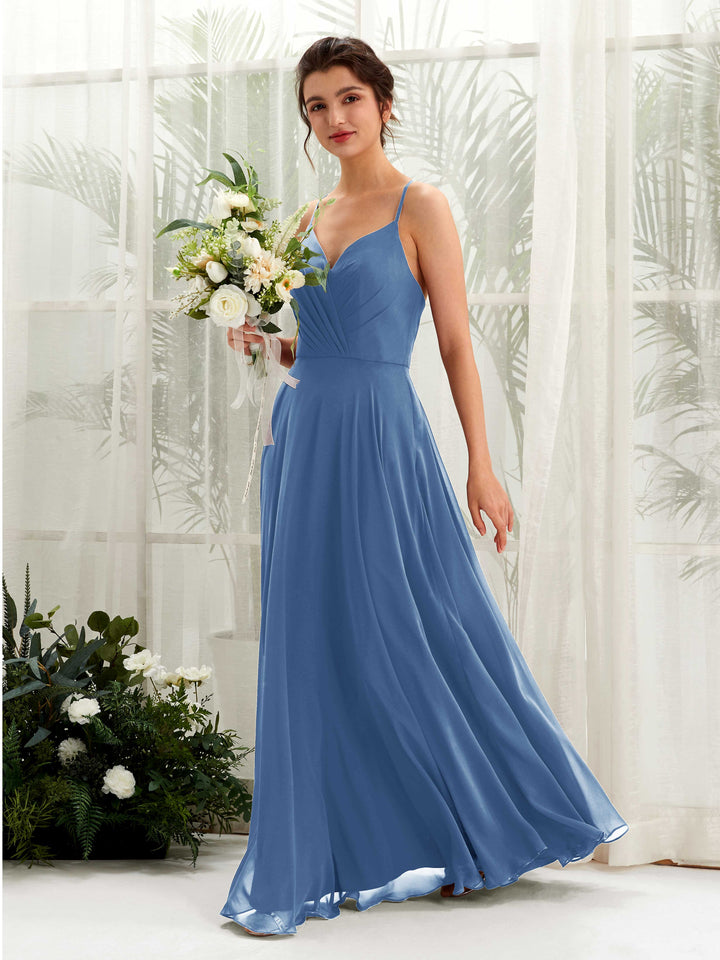 Carlyna Robe trapèze col V bretelles spaghetti longueur ras du sol robe de demoiselle d&