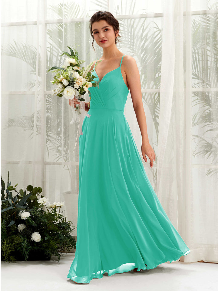Carlyna Robe trapèze col V bretelles spaghetti longueur ras du sol robe de demoiselle d&