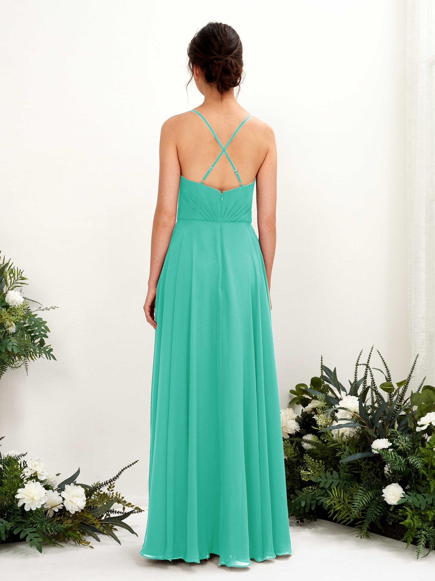 Carlyna Robe trapèze col V bretelles spaghetti longueur ras du sol robe de demoiselle d'honneur Bleu Tiffany #couleur_bleu-tiffany