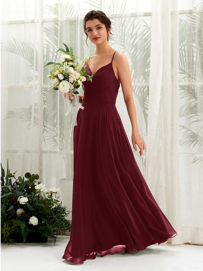 Carlyna Robe trapèze col V bretelles spaghetti longueur ras du sol robe de demoiselle d'honneur Bordeaux #couleur_bordeaux