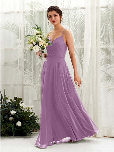 Carlyna Robe trapèze col V bretelles spaghetti longueur ras du sol robe de demoiselle d'honneur Brume Orchidée #couleur_brume-orchid-e