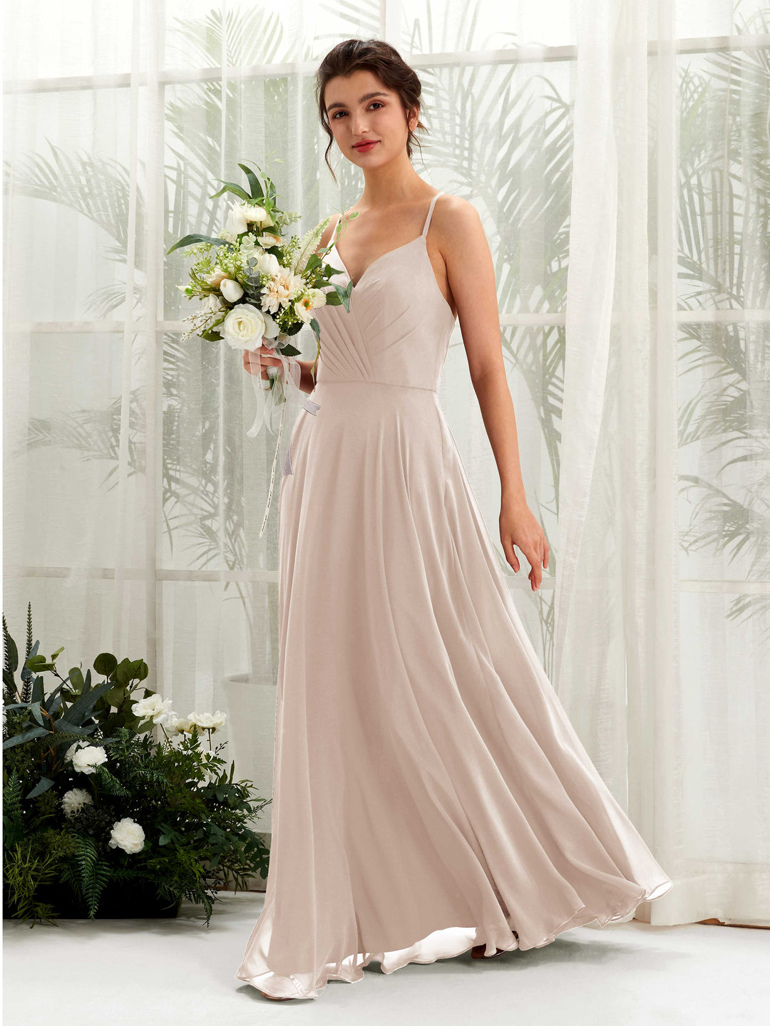 Carlyna Robe trapèze col V bretelles spaghetti longueur ras du sol robe de demoiselle d&