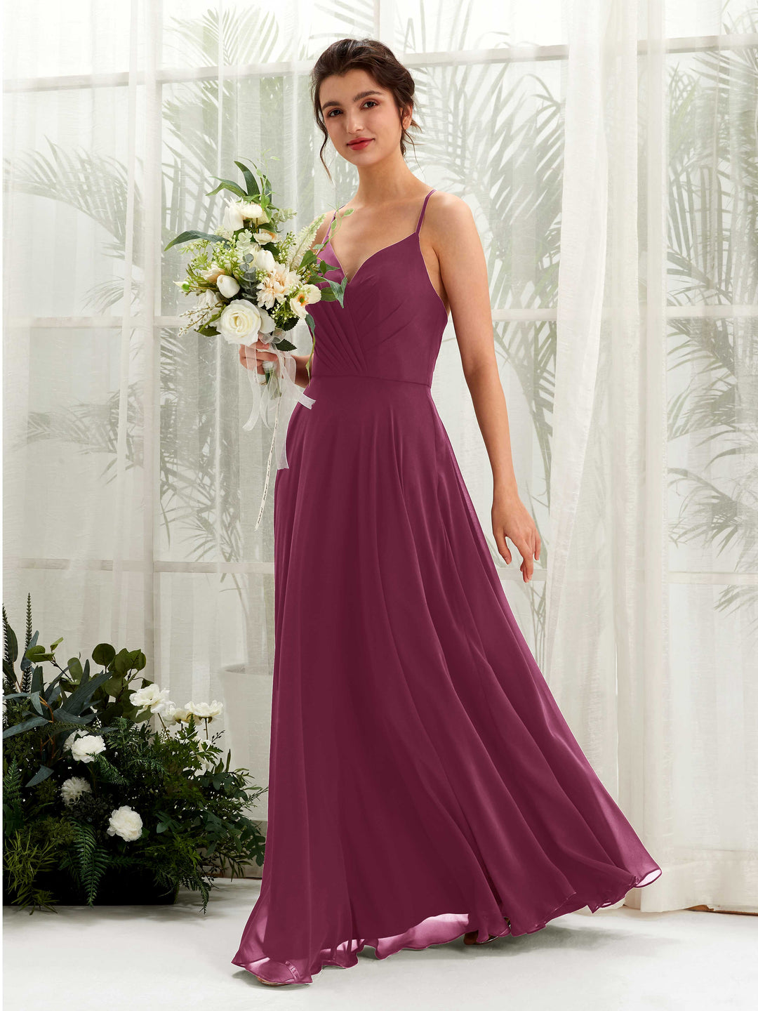 Carlyna Robe trapèze col V bretelles spaghetti longueur ras du sol robe de demoiselle d&