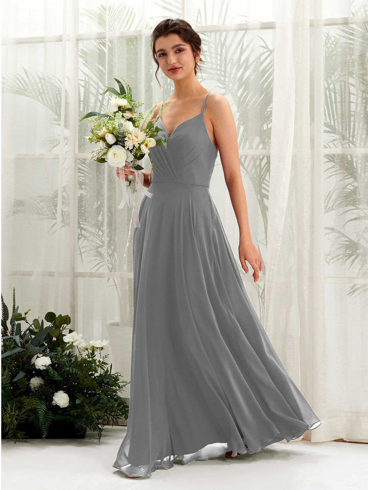 Carlyna Robe trapèze col V bretelles spaghetti longueur ras du sol robe de demoiselle d&