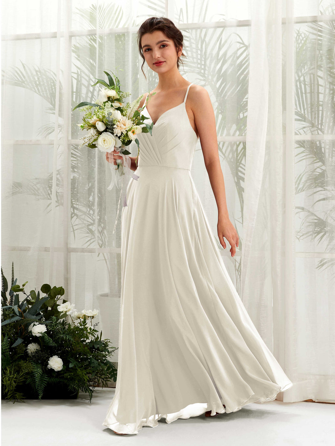 Carlyna Robe trapèze col V bretelles spaghetti longueur ras du sol robe de demoiselle d&