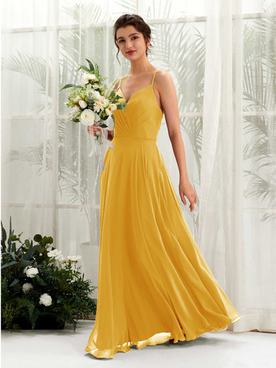Carlyna Robe trapèze col V bretelles spaghetti longueur ras du sol robe de demoiselle d'honneur Jaune Moutard #couleur_jaune-moutard