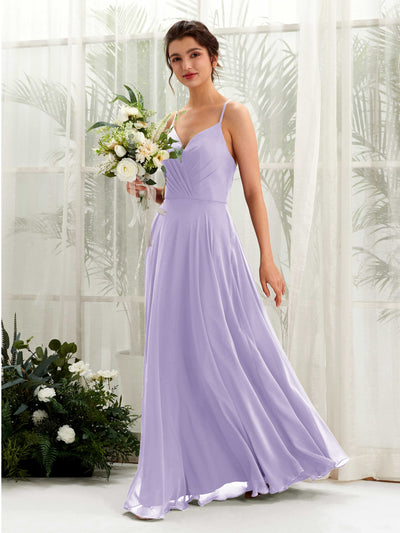 Carlyna Robe trapèze col V bretelles spaghetti longueur ras du sol robe de demoiselle d'honneur Lilas #couleur_lilas