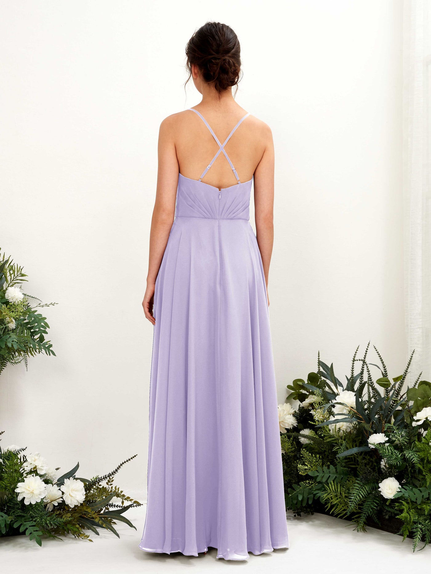 Carlyna Robe trapèze col V bretelles spaghetti longueur ras du sol robe de demoiselle d'honneur Lilas #couleur_lilas