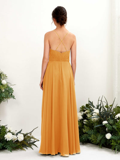 Carlyna Robe trapèze col V bretelles spaghetti longueur ras du sol robe de demoiselle d'honneur Mangue #couleur_mangue