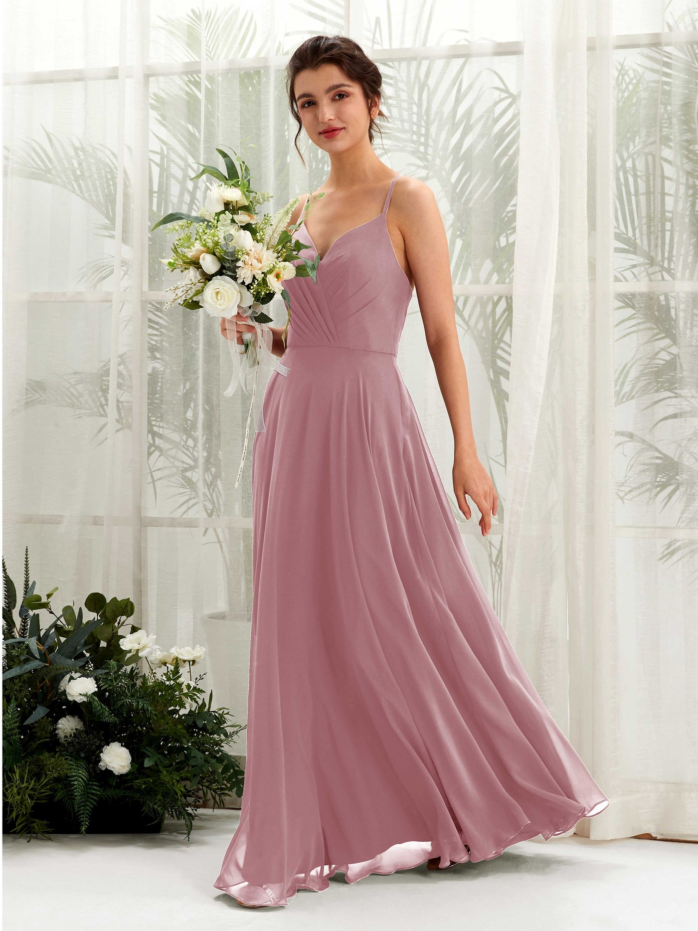Carlyna Robe trapèze col V bretelles spaghetti longueur ras du sol robe de demoiselle d'honneur Mauve Vintage #couleur_mauve-vintage