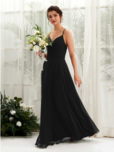 Carlyna Robe trapèze col V bretelles spaghetti longueur ras du sol robe de demoiselle d'honneur Noir #couleur_noir