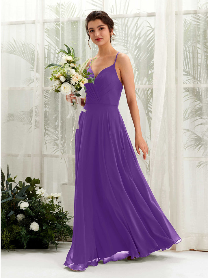 Carlyna Robe trapèze col V bretelles spaghetti longueur ras du sol robe de demoiselle d&