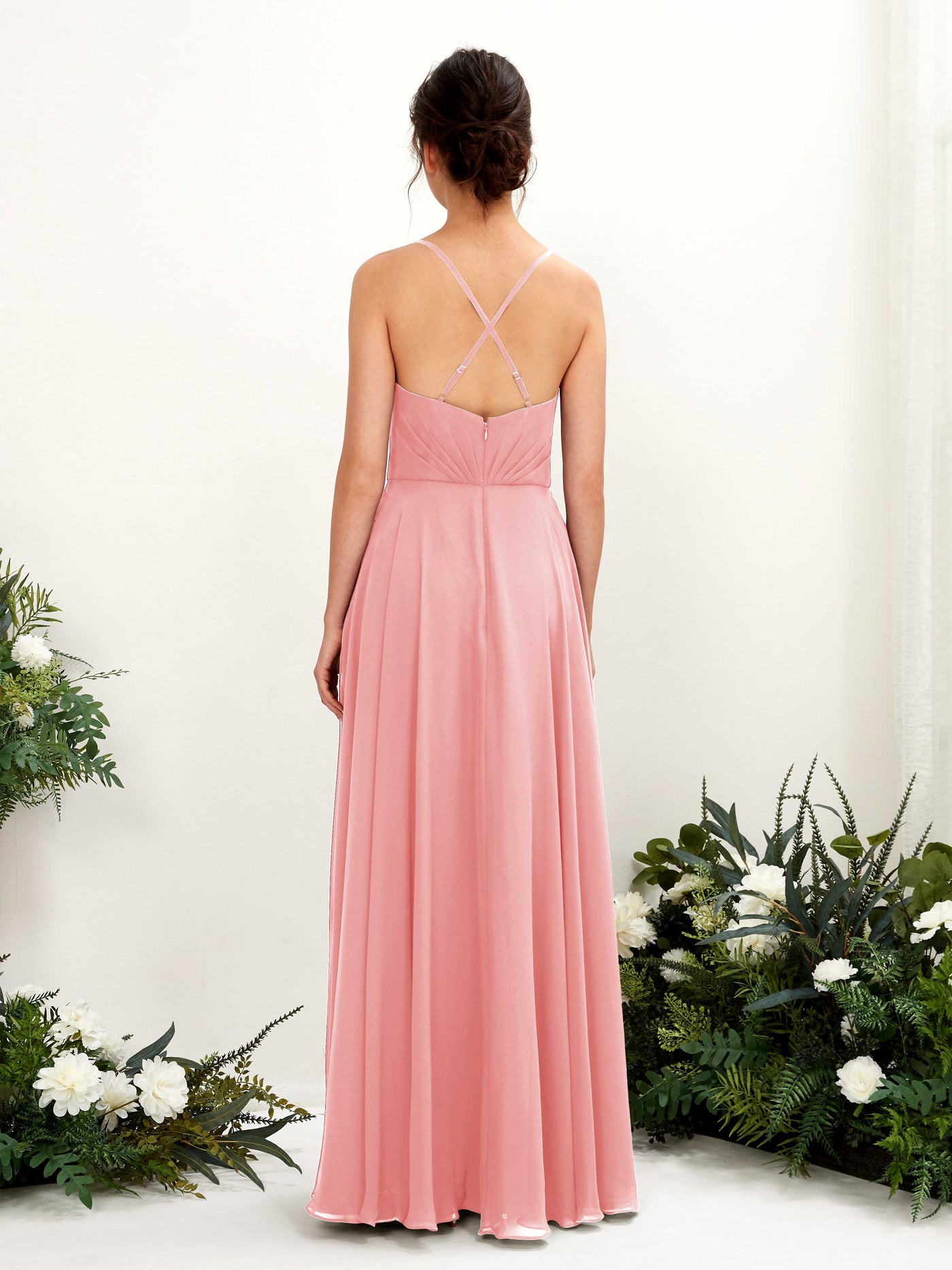 Carlyna Robe trapèze col V bretelles spaghetti longueur ras du sol robe de demoiselle d'honneur Rose Ballet #couleur_rose-ballet