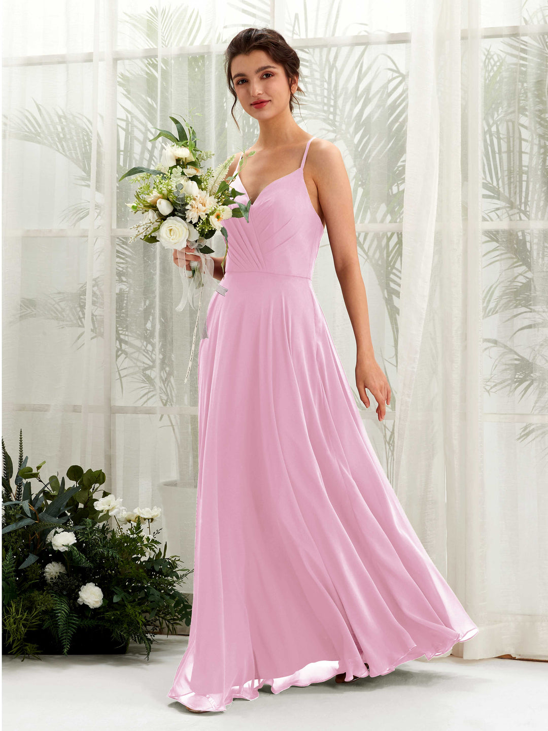 Carlyna Robe trapèze col V bretelles spaghetti longueur ras du sol robe de demoiselle d&
