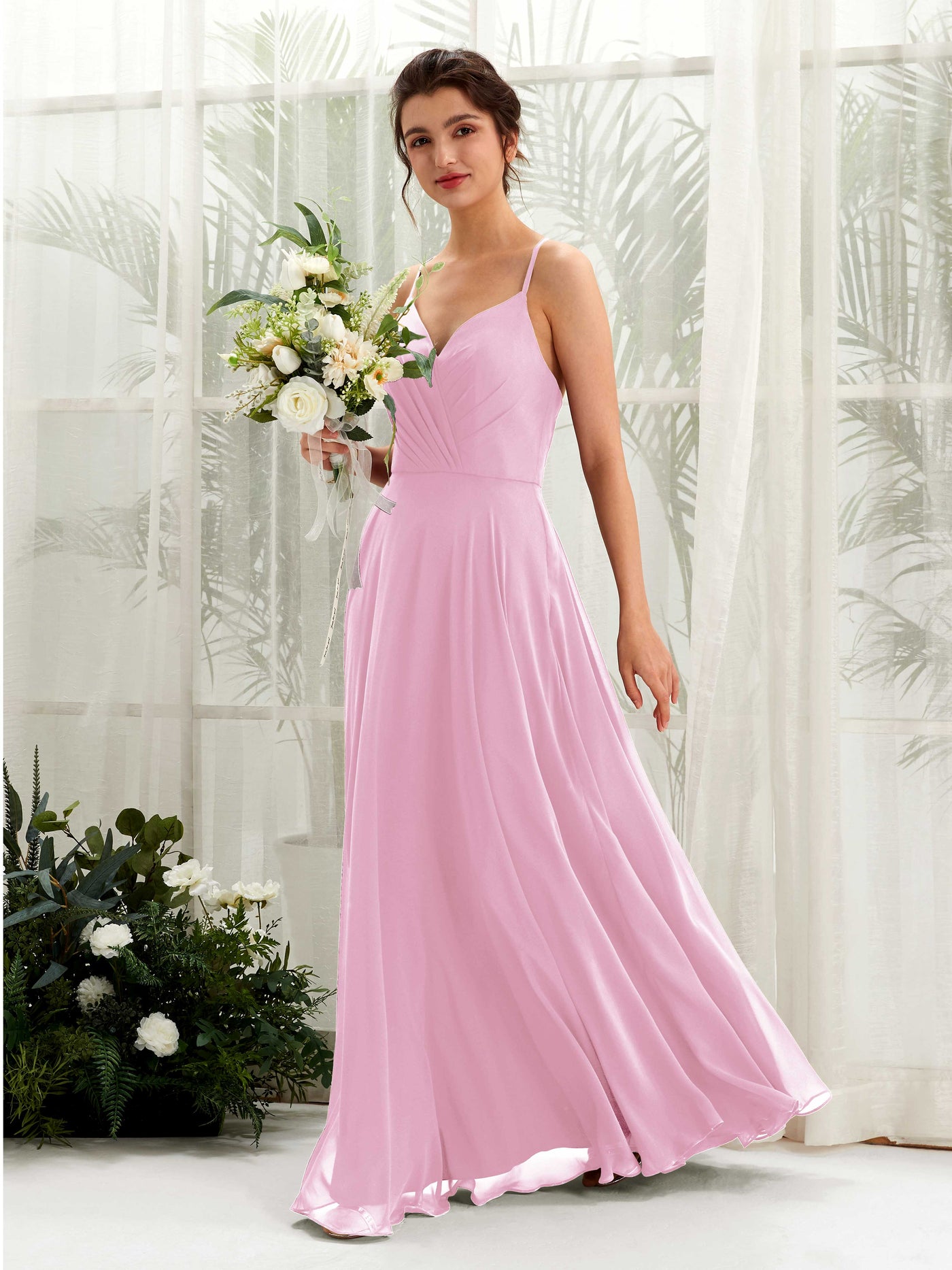 Carlyna Robe trapèze col V bretelles spaghetti longueur ras du sol robe de demoiselle d'honneur Rose Bonbon #couleur_rose-bonbon