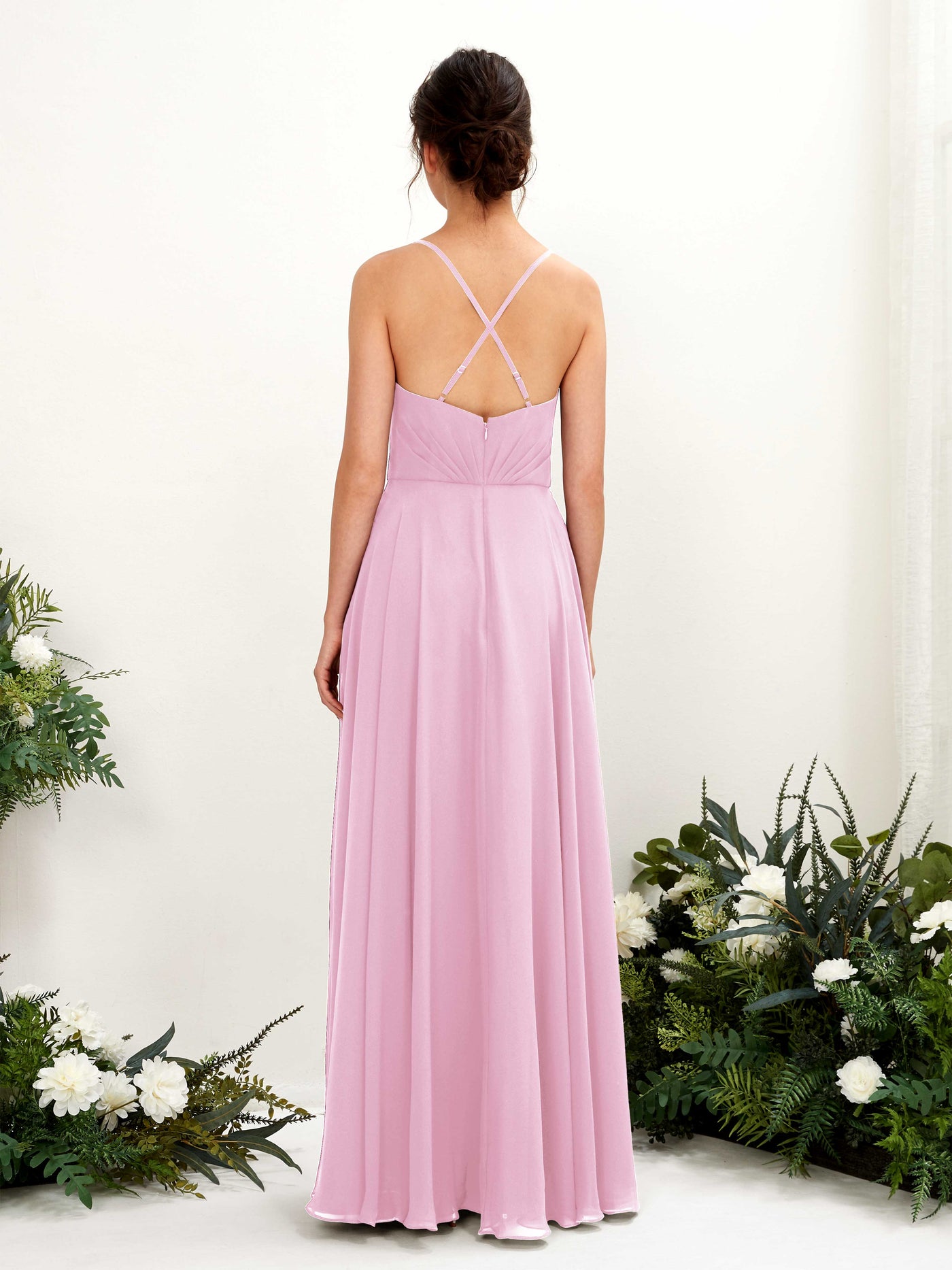 Carlyna Robe trapèze col V bretelles spaghetti longueur ras du sol robe de demoiselle d'honneur Rose Bonbon #couleur_rose-bonbon