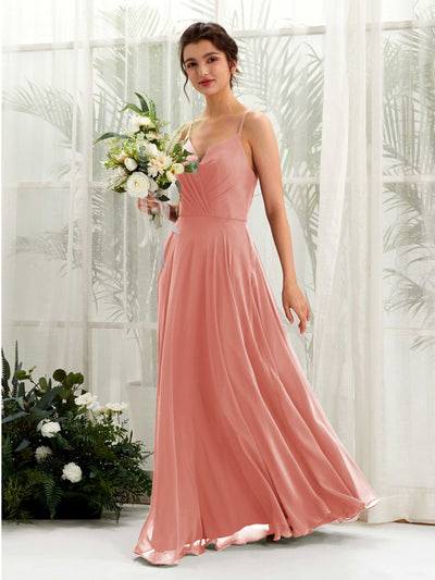 Carlyna Robe trapèze col V bretelles spaghetti longueur ras du sol robe de demoiselle d'honneur Rose Champagne #couleur_rose-champagne