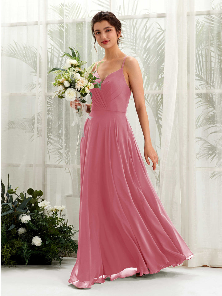 Carlyna Robe trapèze col V bretelles spaghetti longueur ras du sol robe de demoiselle d&